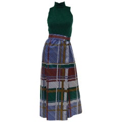 Vintage 1970s Oscar de la Renta Green Plaid Satin & Knit Dress & Jacket Ensemble