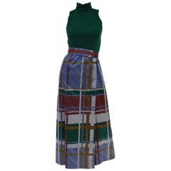 1970s Oscar de la Renta Green Plaid Satin & Knit Dress & Jacket Ensemble