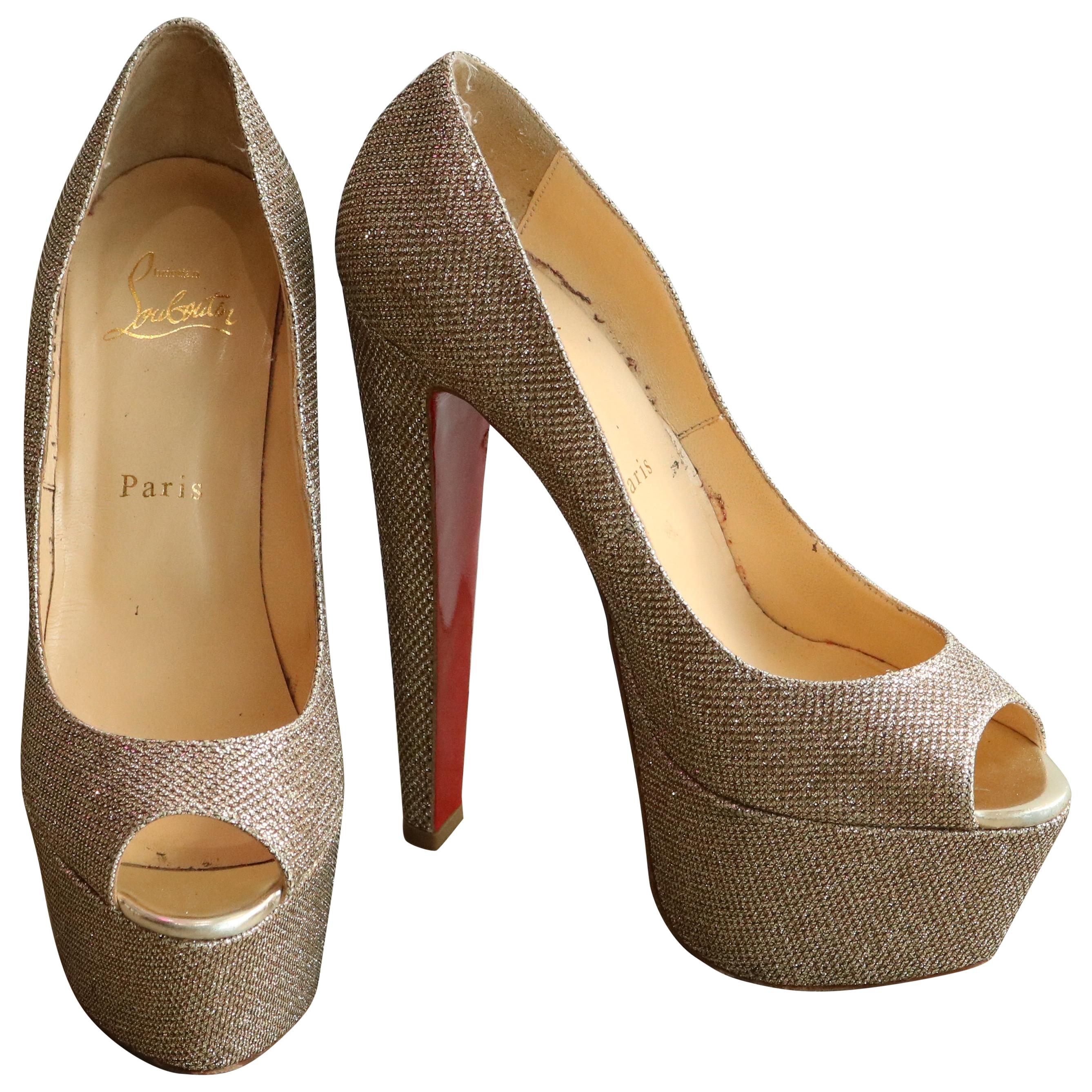 Christian Louboutin Altavera Gold Sparkle Platform Peep -Toe Pumps