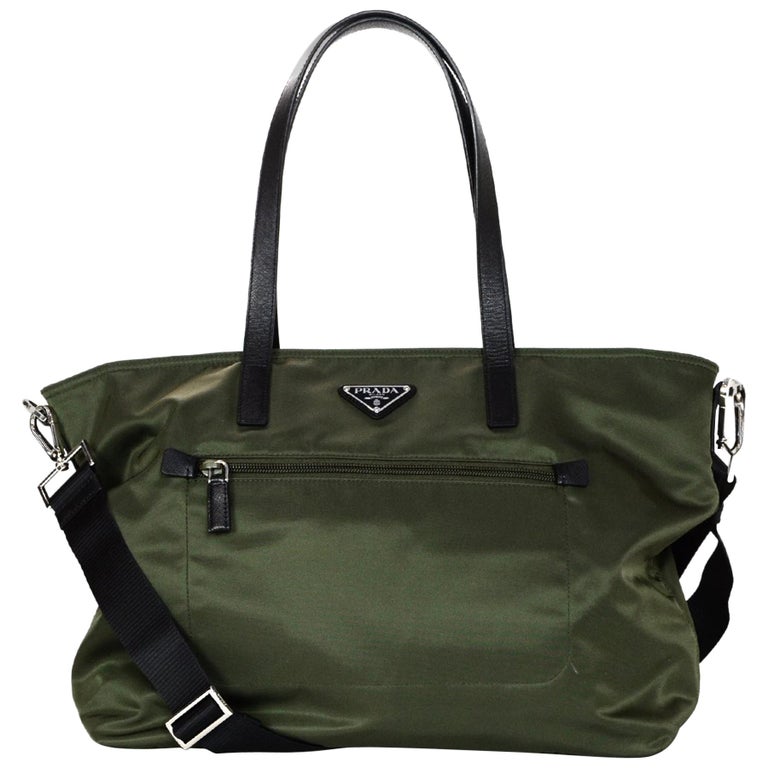 Prada Militare Green Vela Nylon/Black Leather Zip-Front Tote Bag W/ Strap  For Sale at 1stDibs