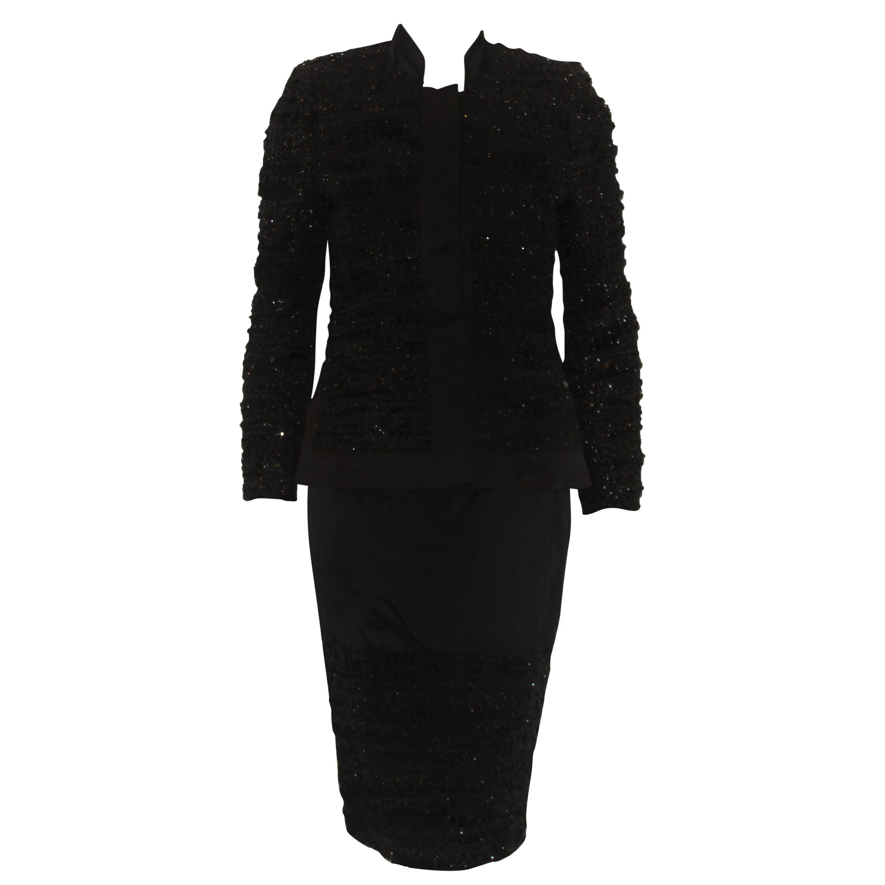 Paola Quadretti Black Fringe Tweed Skirt Suit Size US 4 For Sale