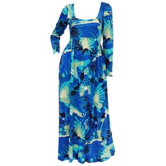 Vintage 1970s Victor Costa Funky Blue Floral Knit Maxi Dress