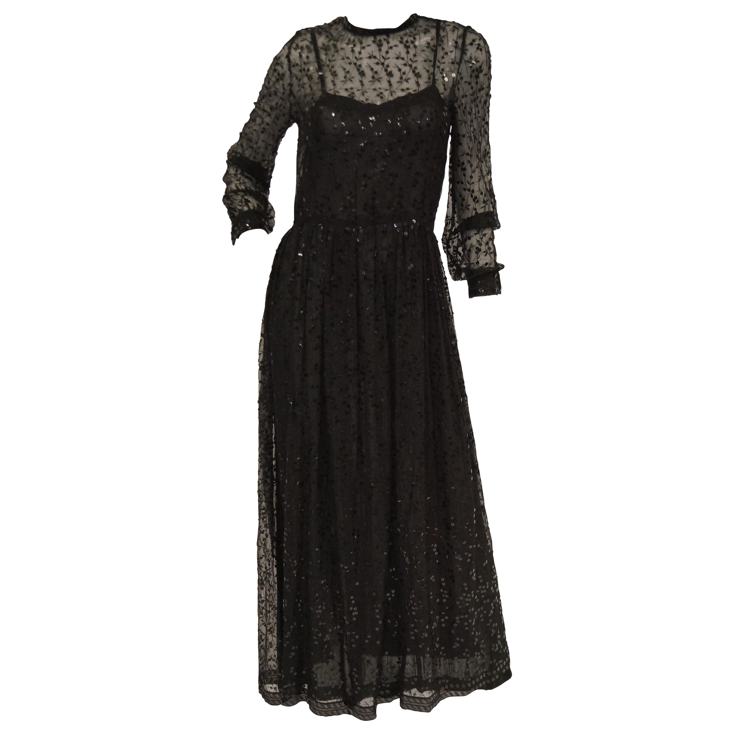 1980s Chanel Sheer Black Silk Evening Dress with Floral Embroidery and Sequins