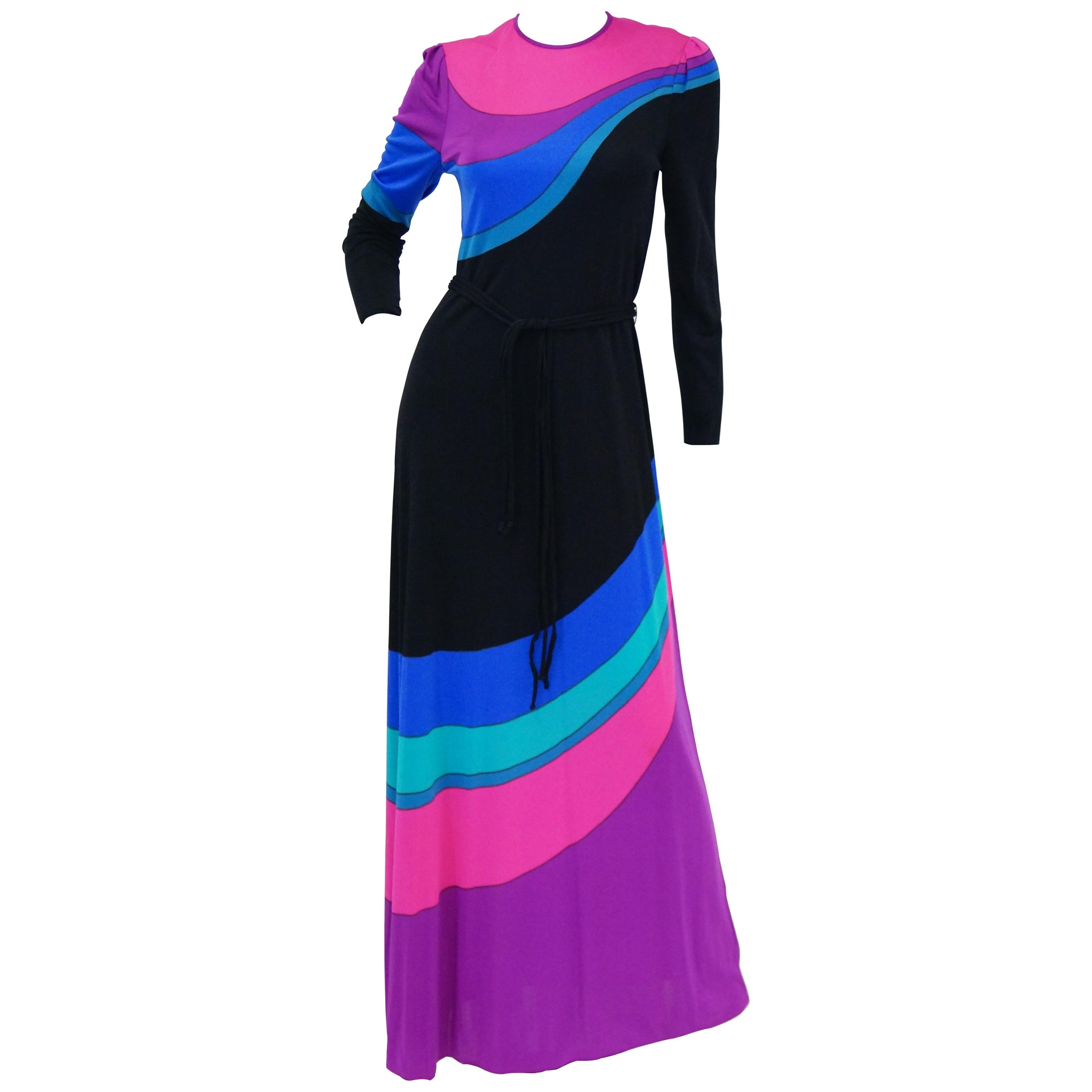  1970s Louis Feraud Vibrant Graphic Pink Blue and Black Swirl Knit Maxi Dress