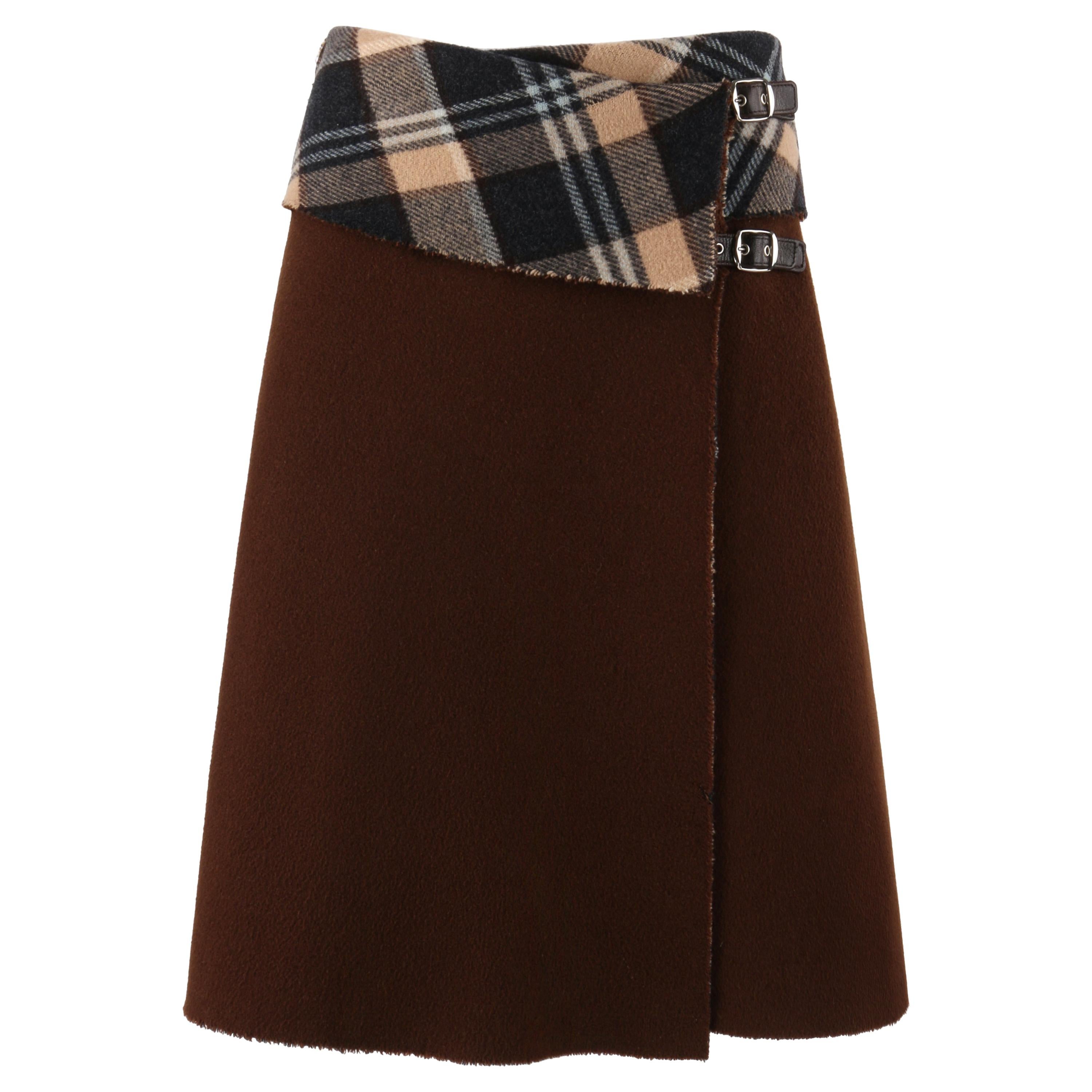 ALEXANDER McQUEEN A/W 2000 "Eshu" Brown & Plaid Boiled Wool Fold Top Wrap Skirt For Sale