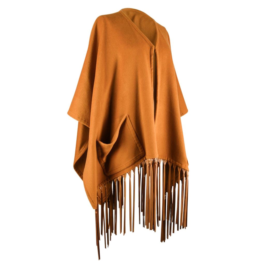 Hermes Vintage Shawl Lush Leather Fringe Cashmere and Wool Poncho  For Sale