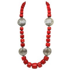 Coral Bead and Sterling Necklace, Artisan Made 