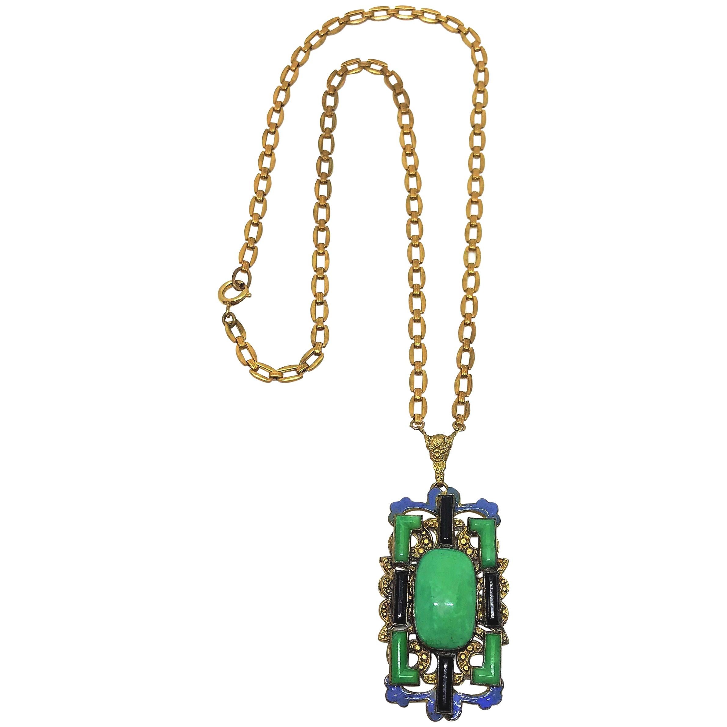 Circa 1920s Czech Cabochon and Molded Glass Pendant Necklace For Sale