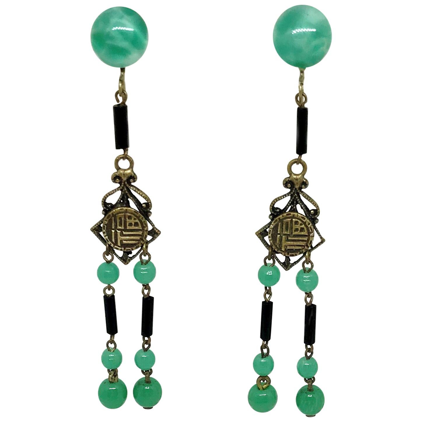 Circa 1920s Peking Glass and Brass Dangling Earrings For Sale