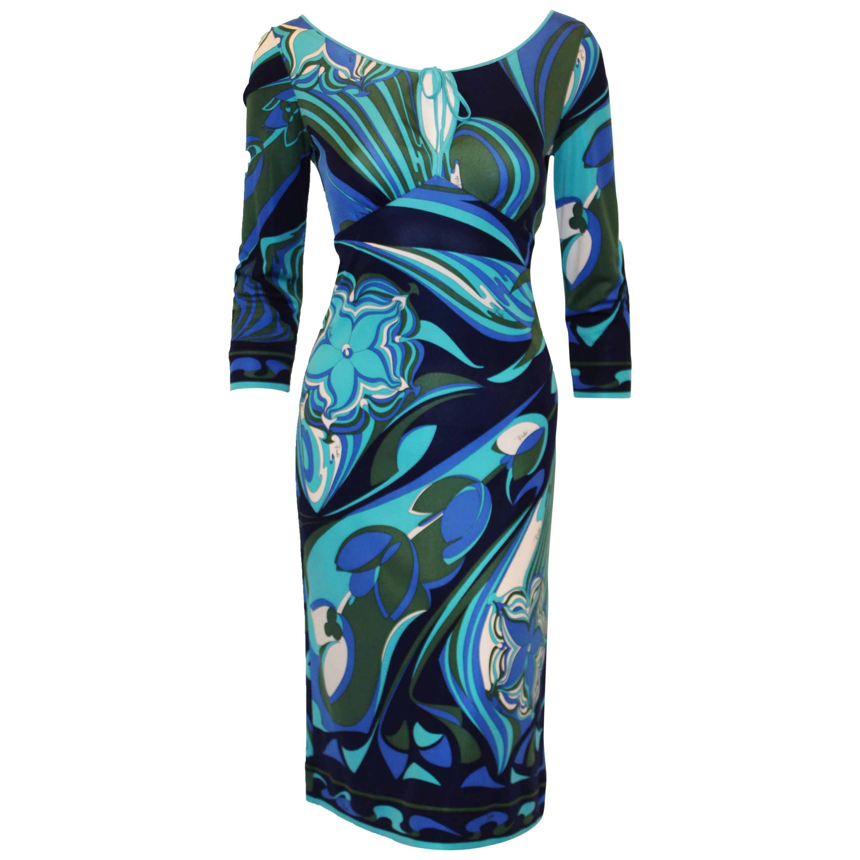 Emilio Pucci Blue, Turquoise & Green Peek a Boo Front Closure Dress  For Sale