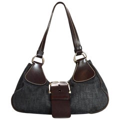 Prada Black Denim/Brown Leather Buckle Shoulder Bag