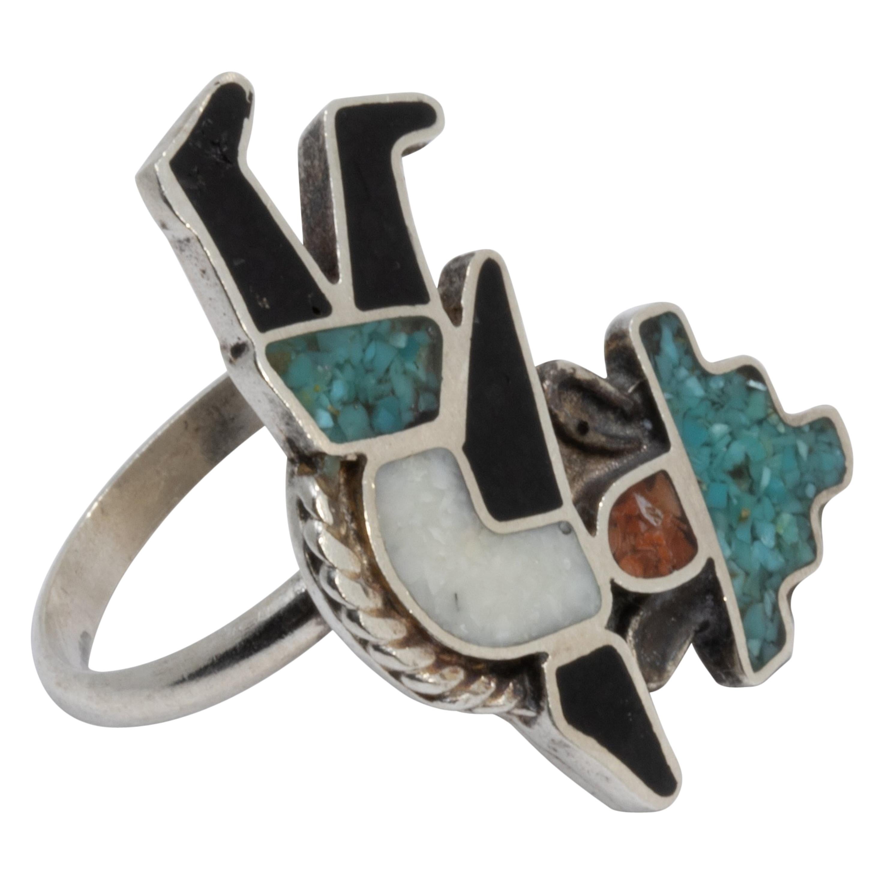 Zuni Native American Regenbogen-Man-Ring, Koralle, Türkis, Sterlingsilber