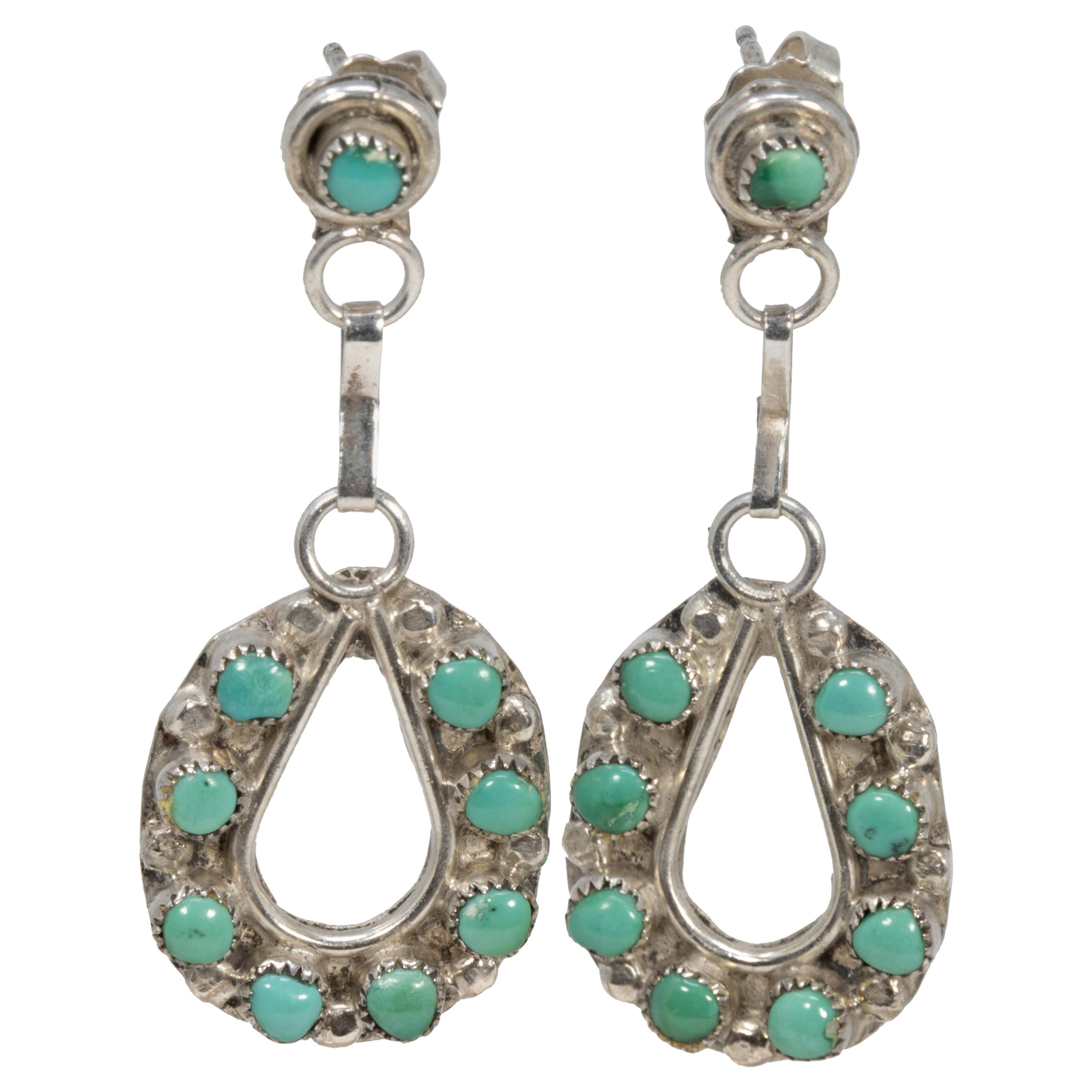 Zuni Indian Jewelry Sterling Silver Turquoise Post Dangle Earrings Unkestine 