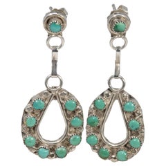 Zuni Native American Turquoise Sterling Silver Dangling Earrings, Post Backs