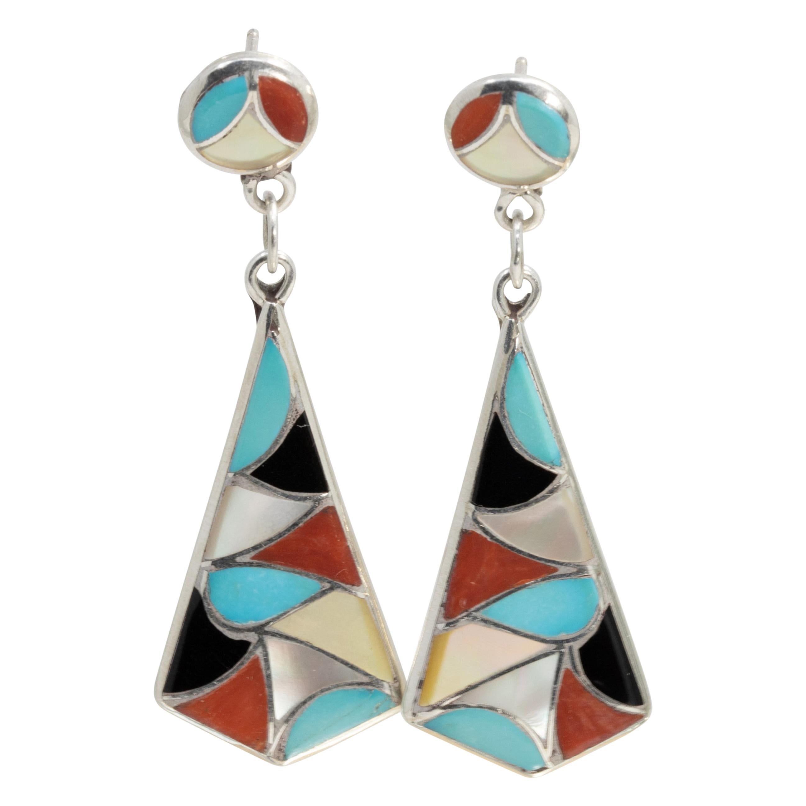 Zuni Native American Mosaic Dangle Earrings, Coral, Turquoise, Sterling Silver