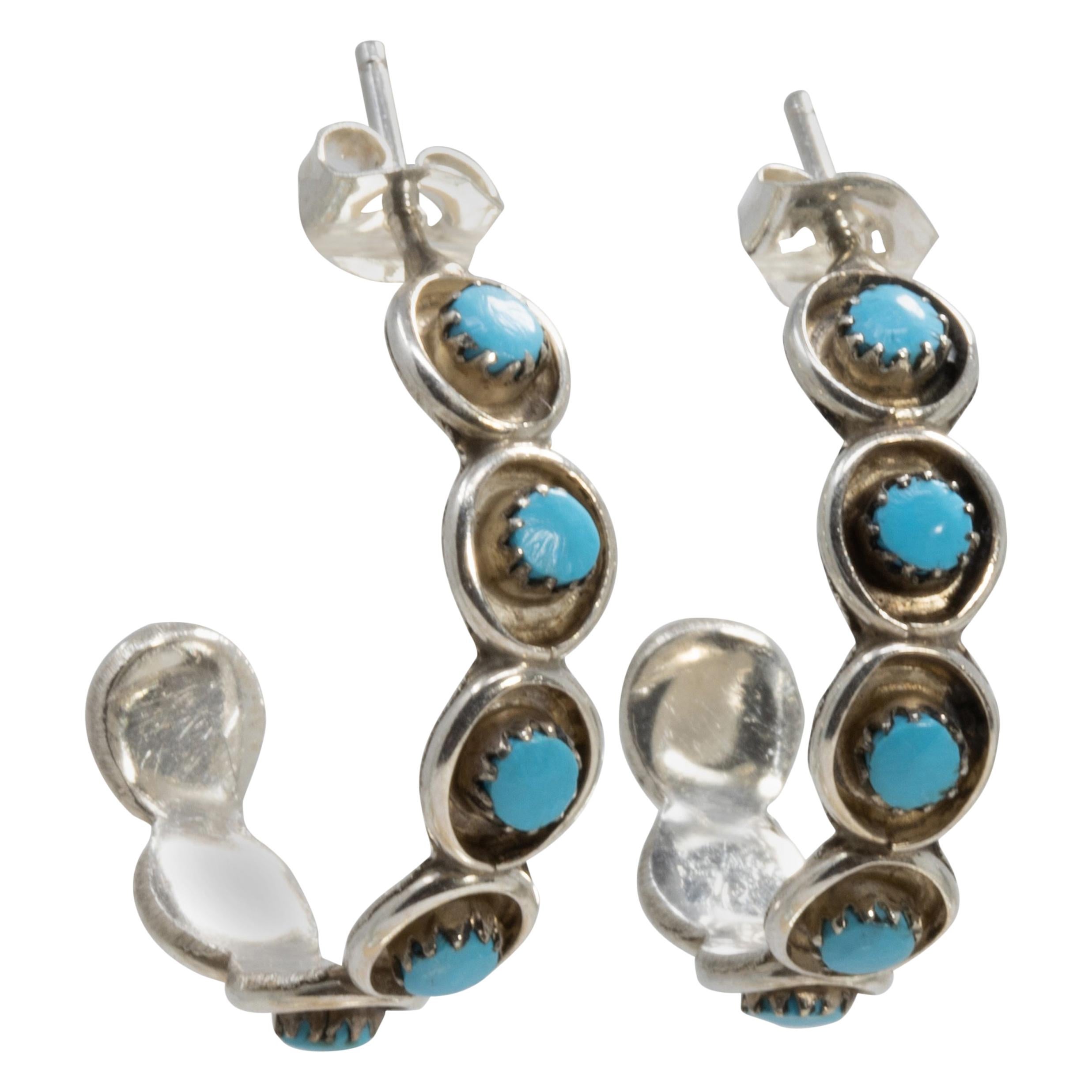 Native American Zuni Turquoise Sterling Silver Hoop Earrings