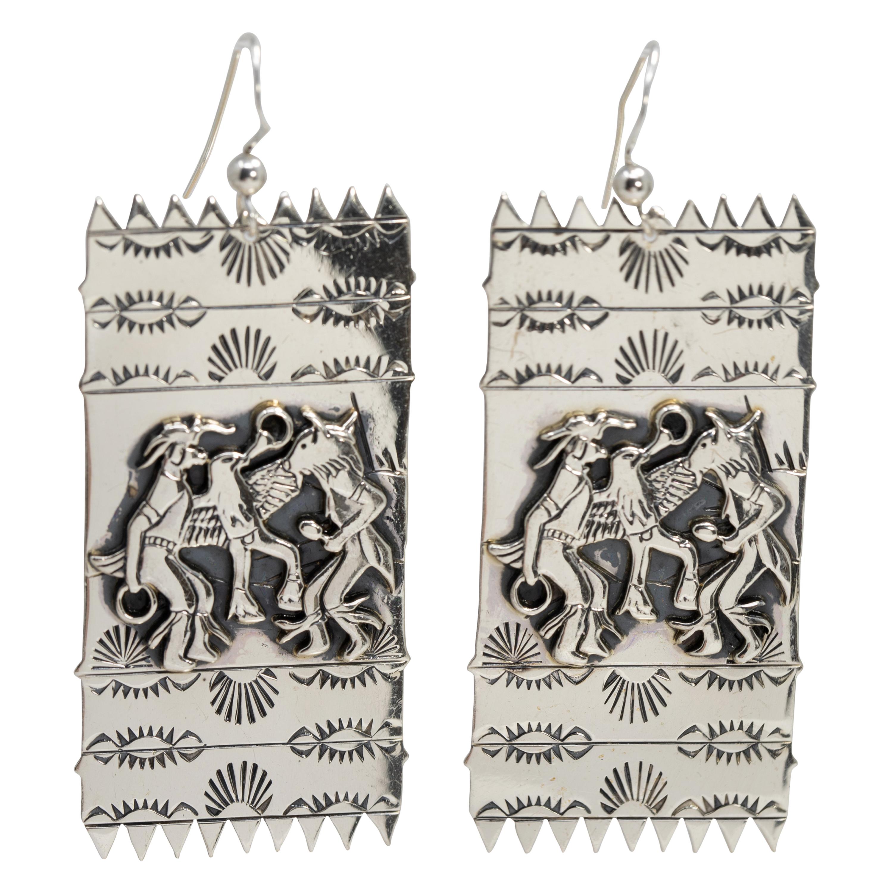 Native American Sterling Silver Deity Motif Dangling Earrings