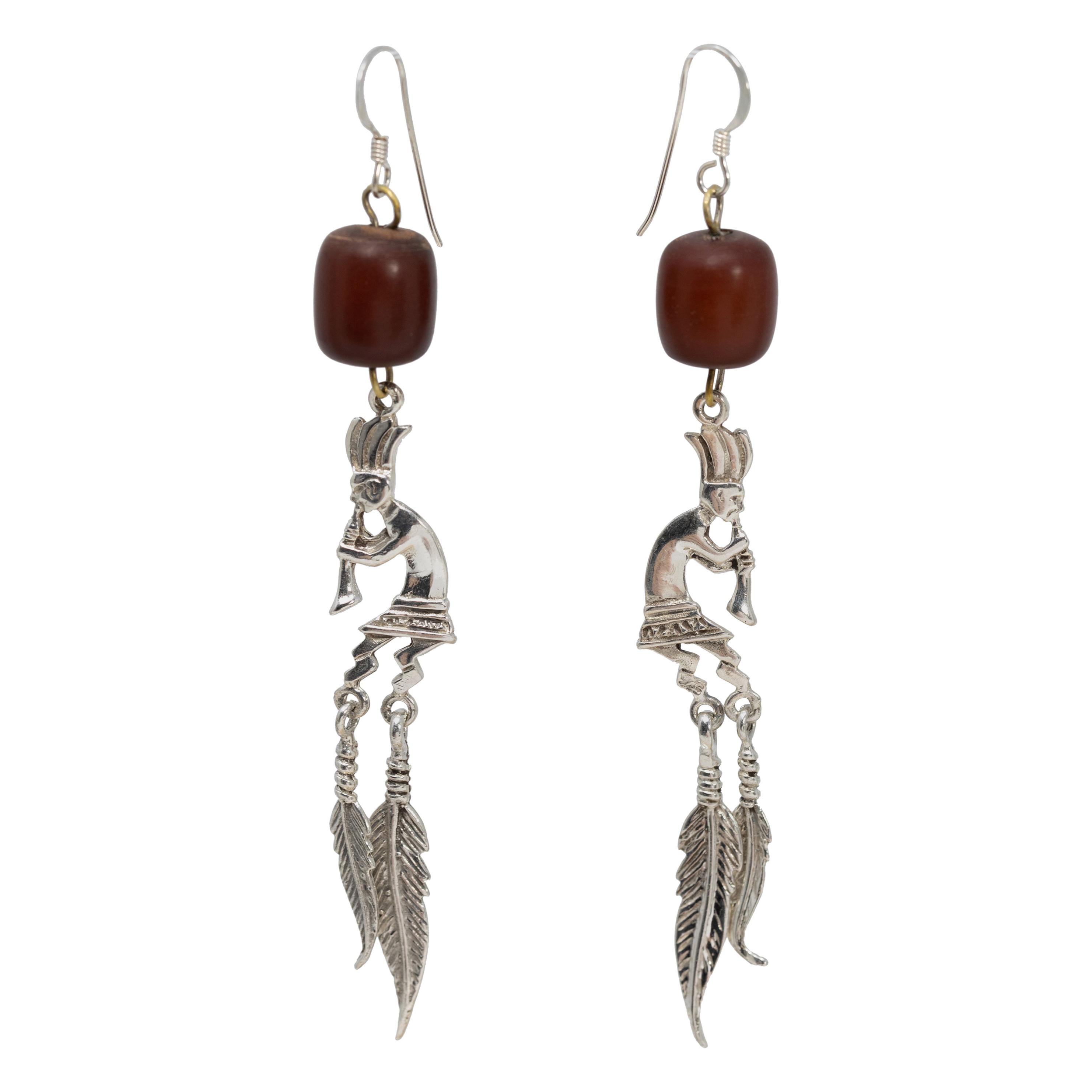 Native American Indian Zuni Sterling Silver Dangling Feathers Hook Earrings