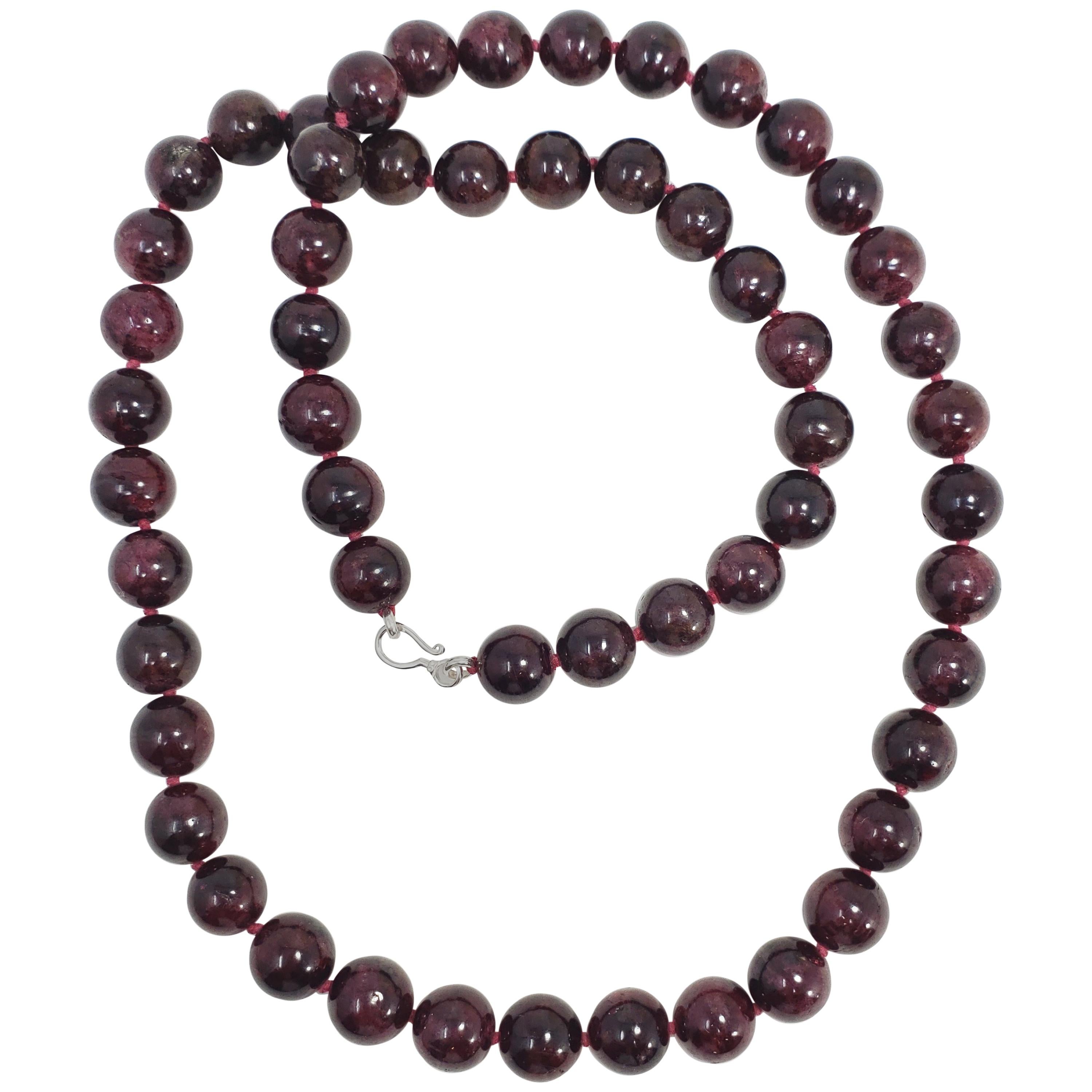Garnet 12.5mm Bead Knotted String Necklace, Sterling Silver S Hook Clasp For Sale