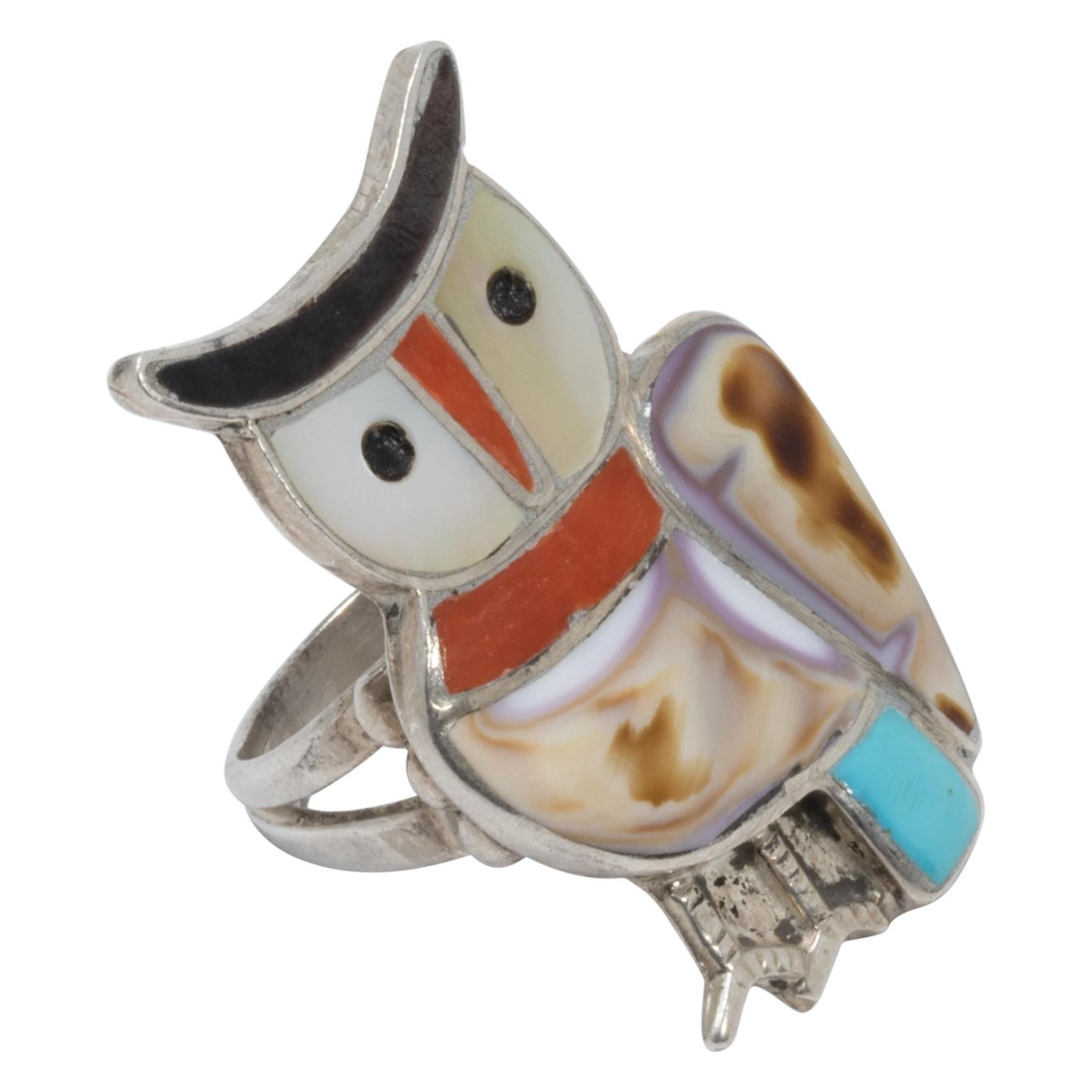 Native American Coral, Turquoise, Mother of Pearl Inlay Sterling Silver Owl Ring For Sale