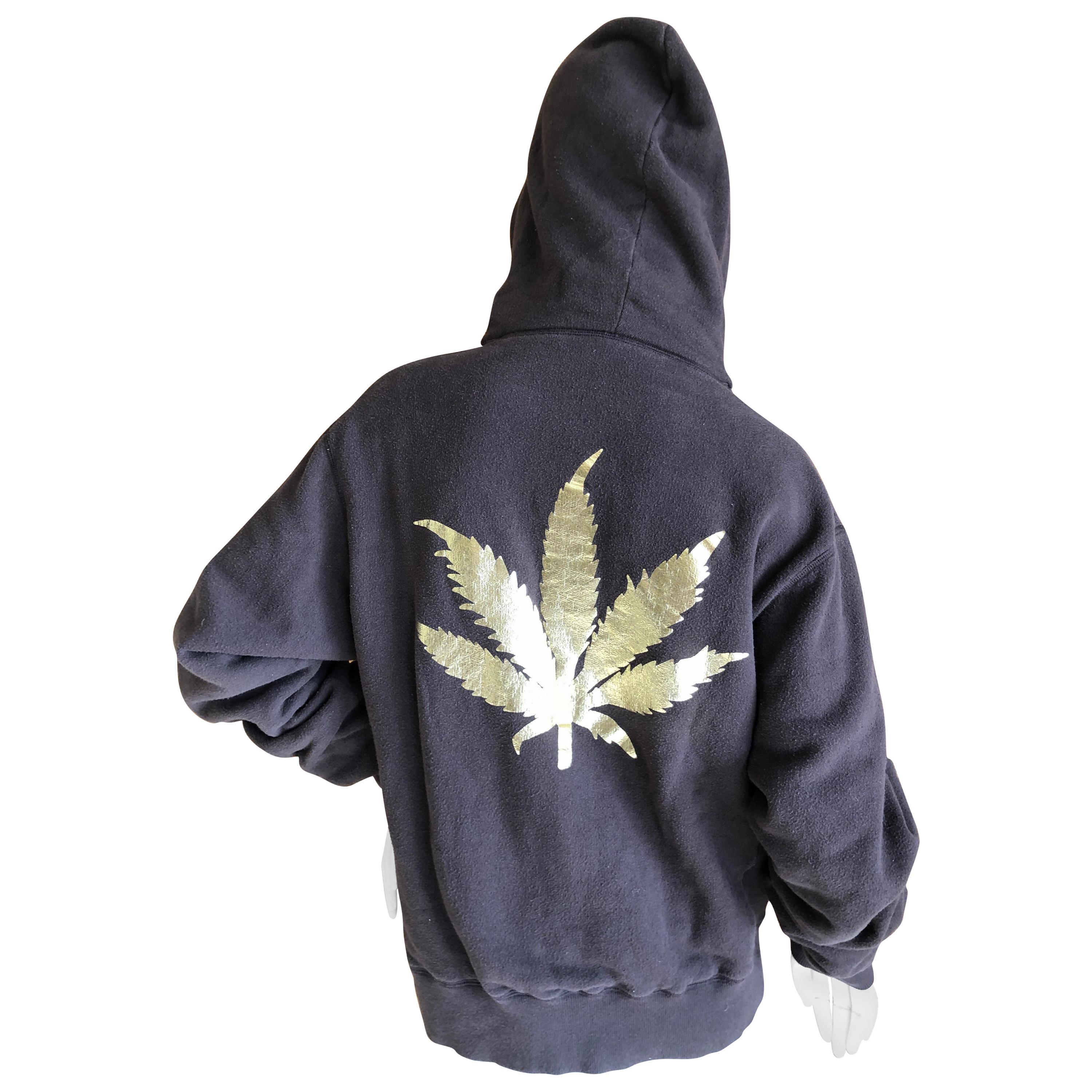 Lucien Pellat Finet Brown Zip Front Hoodie with Golden Cannabis Leaf on Back For Sale