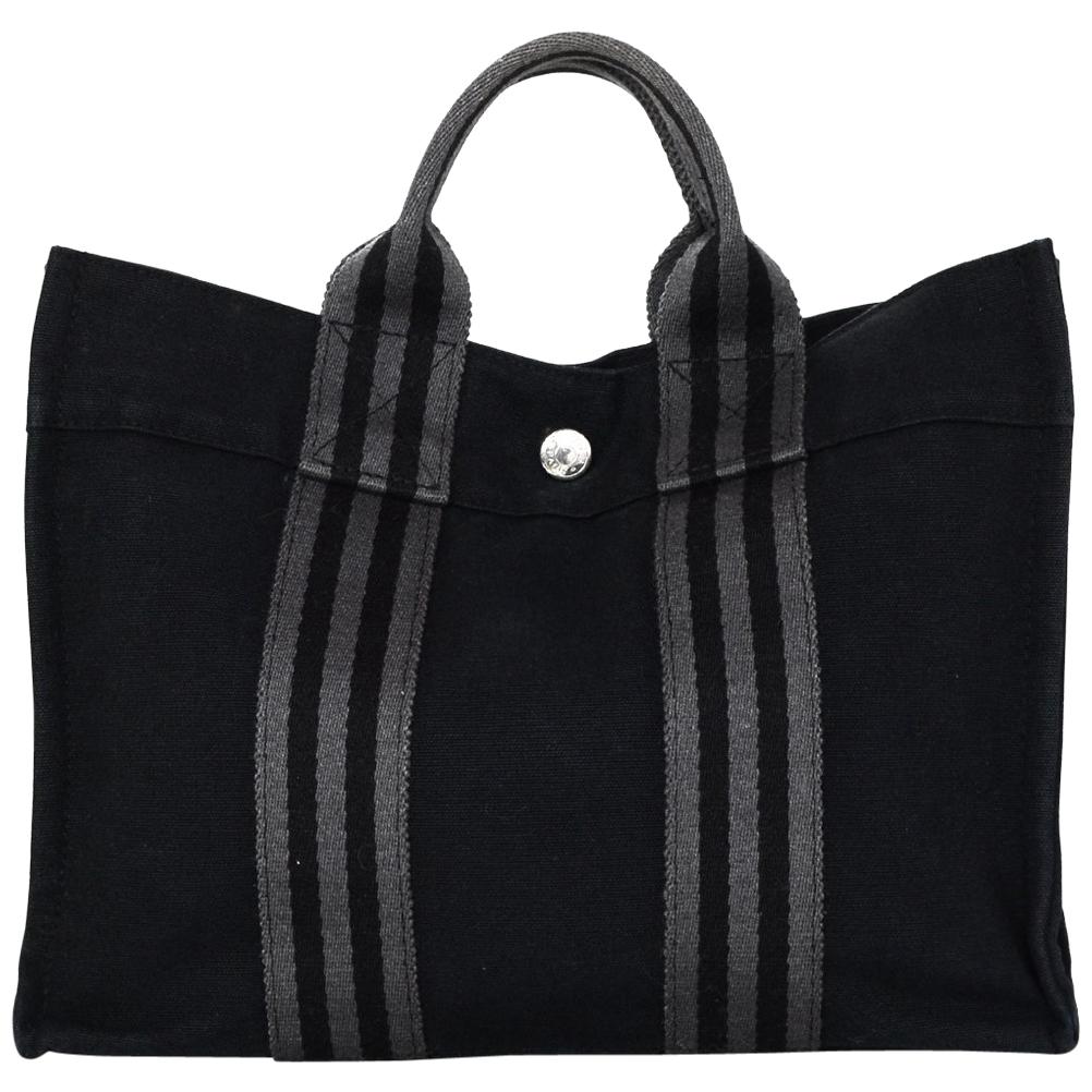 Hermes Black/Grey Stripe Canvas Fourre Tout PM Tote Bag