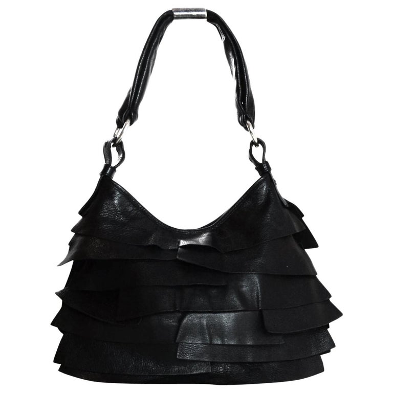 YSL Yves Saint Laurent Black Leather St Tropez Layered Ruffle Shoulder ...
