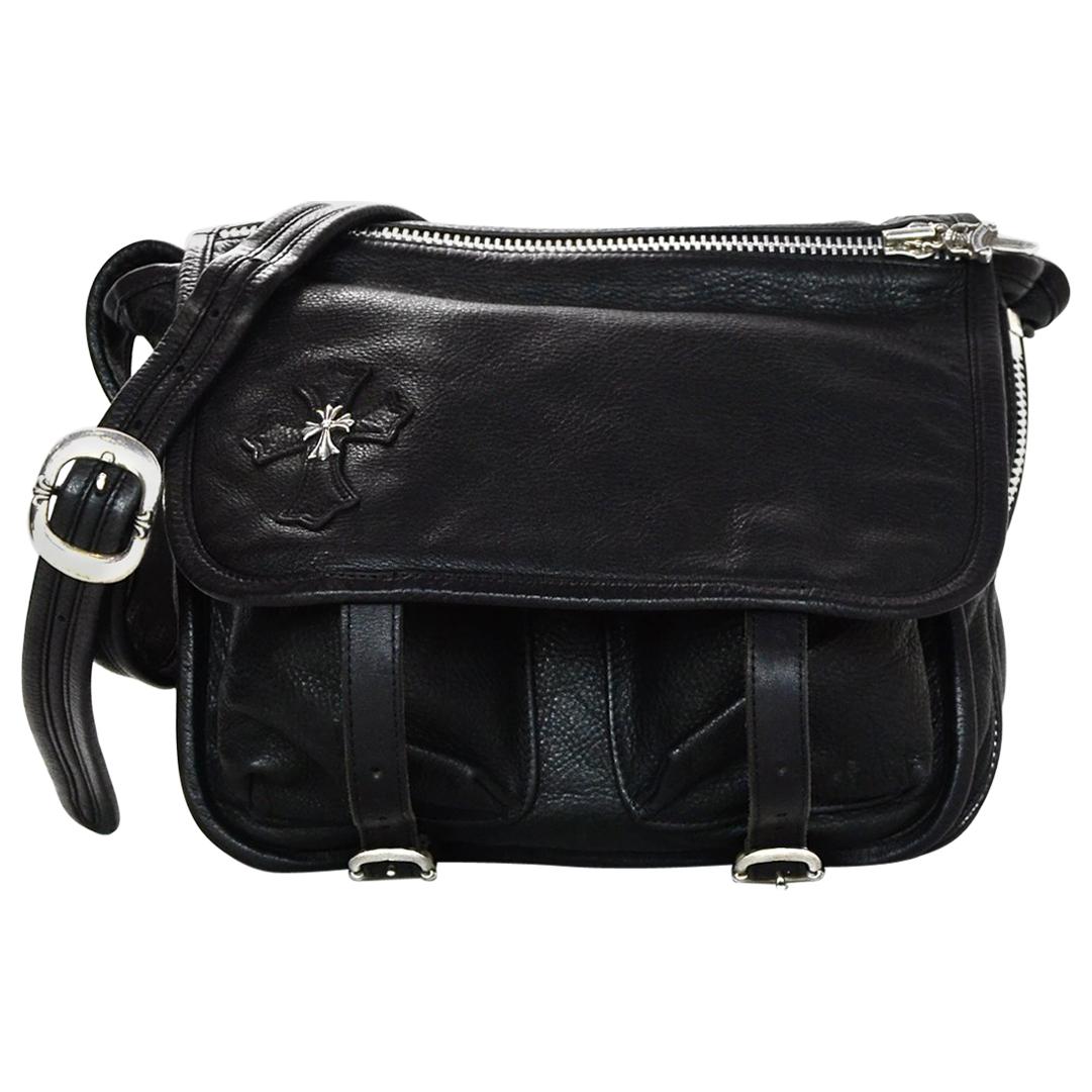 Chrome Hearts Black Leather Messenger Crossbody Bag W/ Sterling Silver Accents