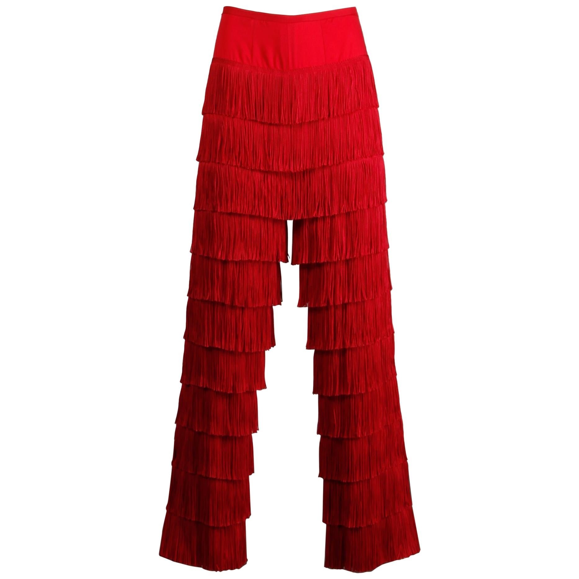Epic 1960s Vintage Bright Red Tiered Fringe Pants or Trousers