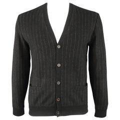 RALPH LAUREN PURPLE LABEL M Black Chalkstripe Wool / Cashmere Cardigan Sweater