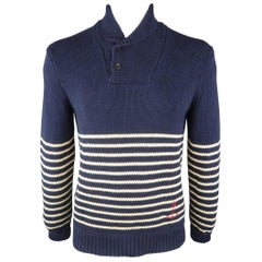 RRL by RALPH LAUREN Size L Navy & Cream Stripe Cotton / Linen Sweater