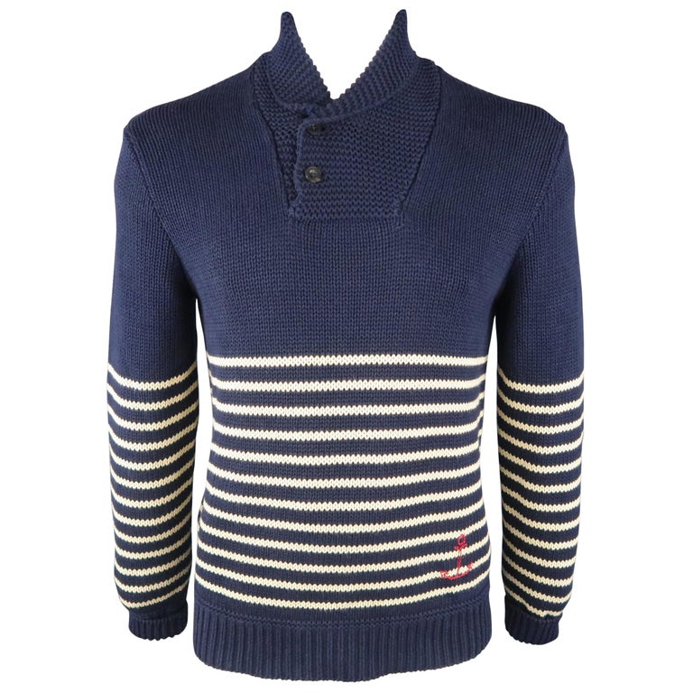 RRL by RALPH LAUREN Size L Navy and Cream Stripe Cotton / Linen Sweater