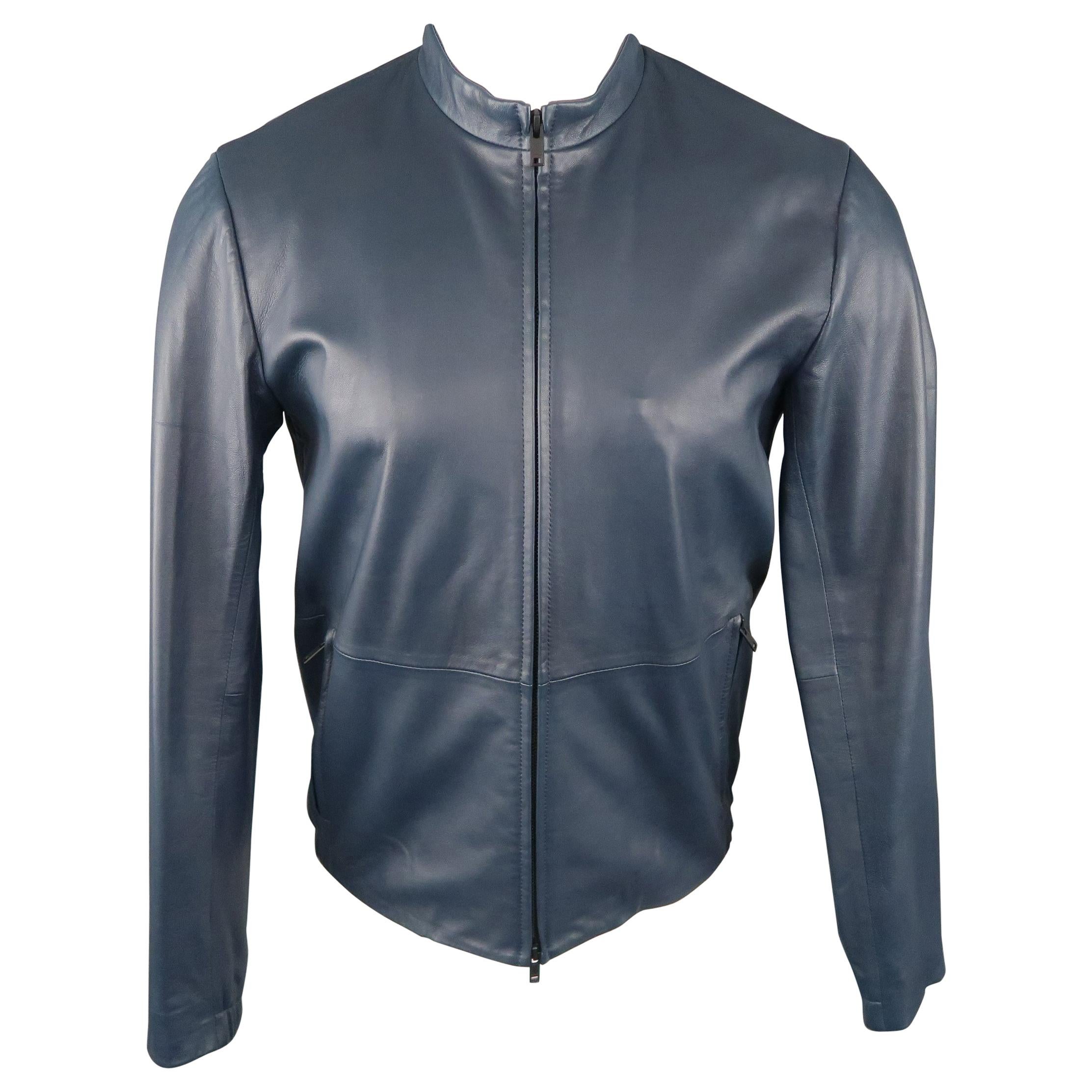 THEORY S Navy Solid Leather Jacket