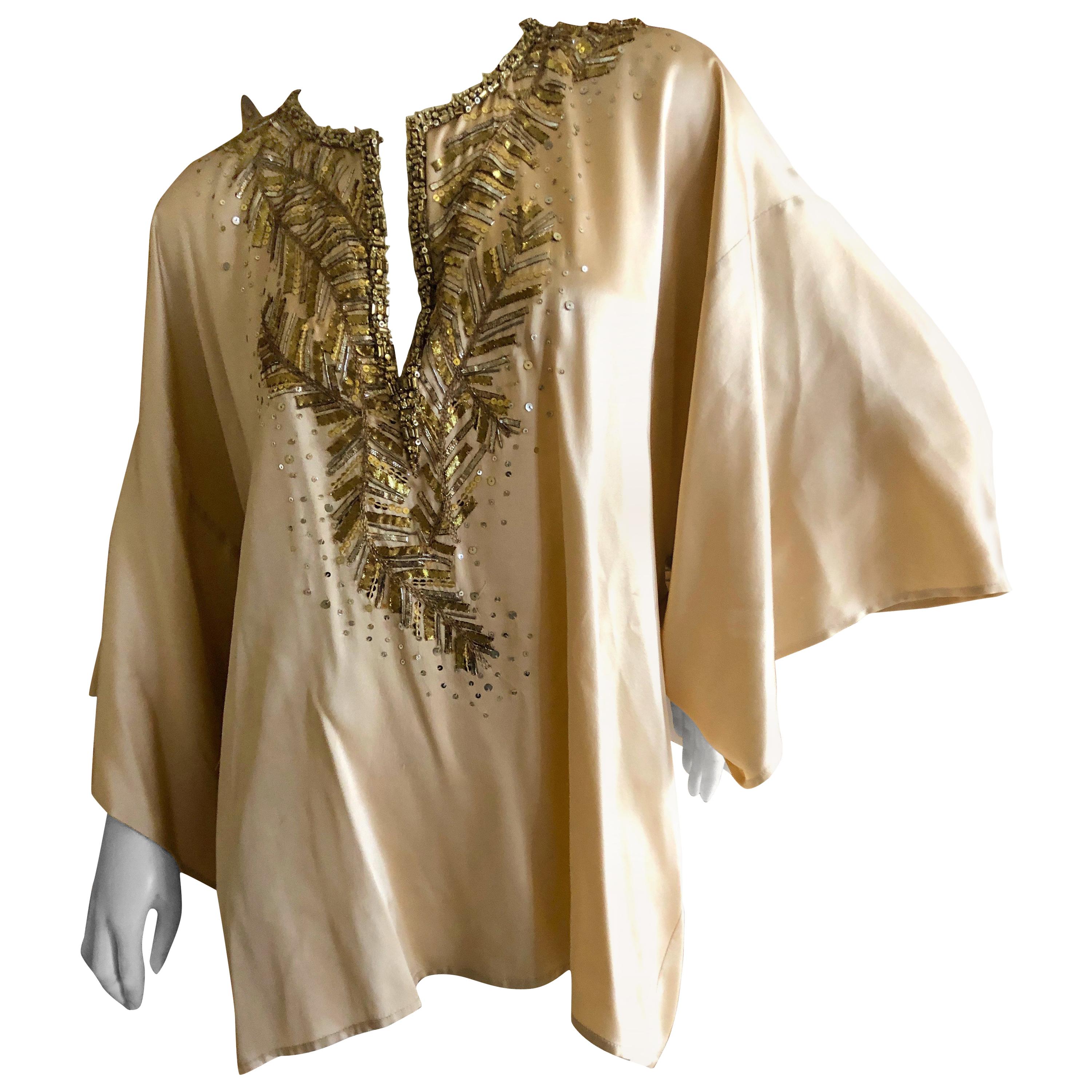 Oscar de la Renta Vintage Silk Mini Caftan Top with Golden Embellishments 