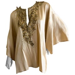Oscar de la Renta Vintage Silk Mini Caftan Top with Golden Embellishments