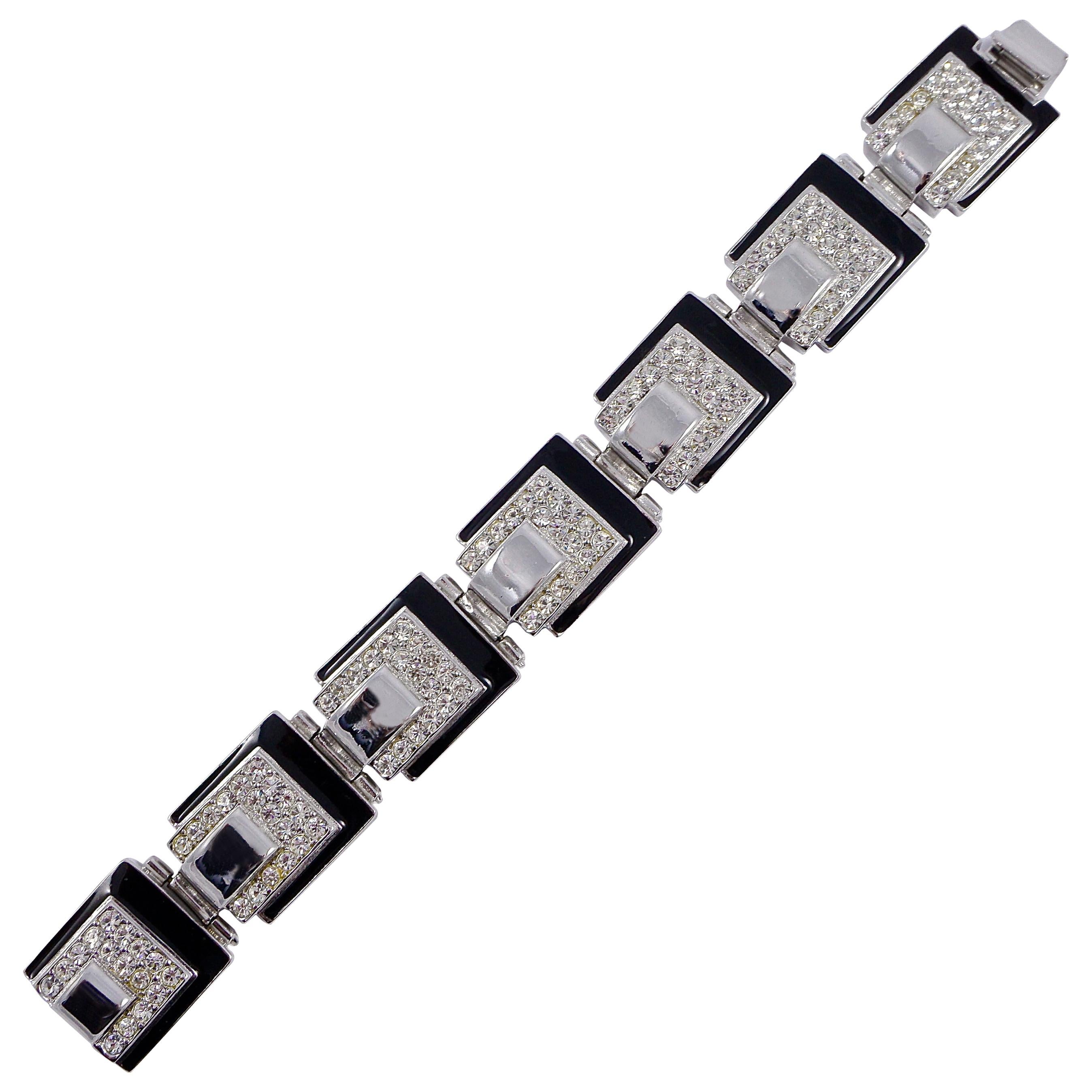 Art Deco 89 Silver Plated Link Bracelet with Clear Rhinestones and Black Enamel