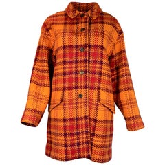 Burberry Orange/Red Wool Tartan Plaid Coat Sz XL