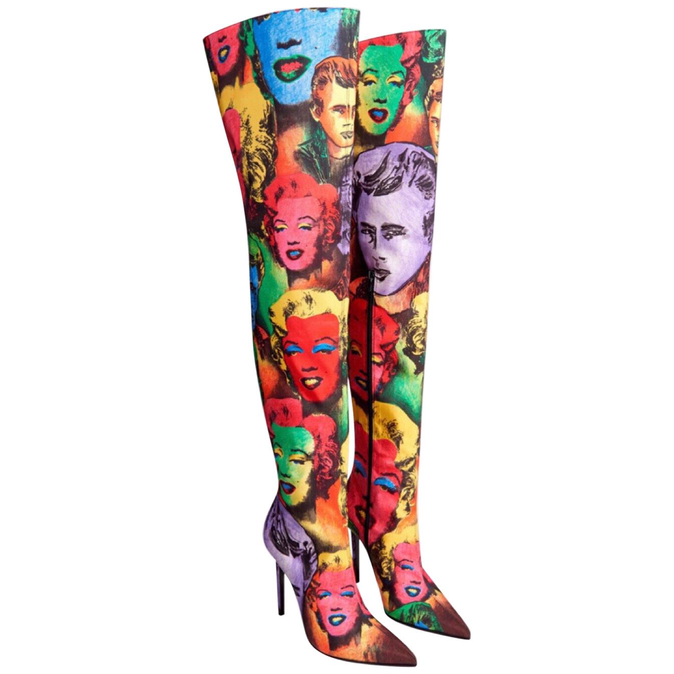 Versace Pop Art Tribute Andy Warhol Print Silk Over The Knee Boots Size 36 6