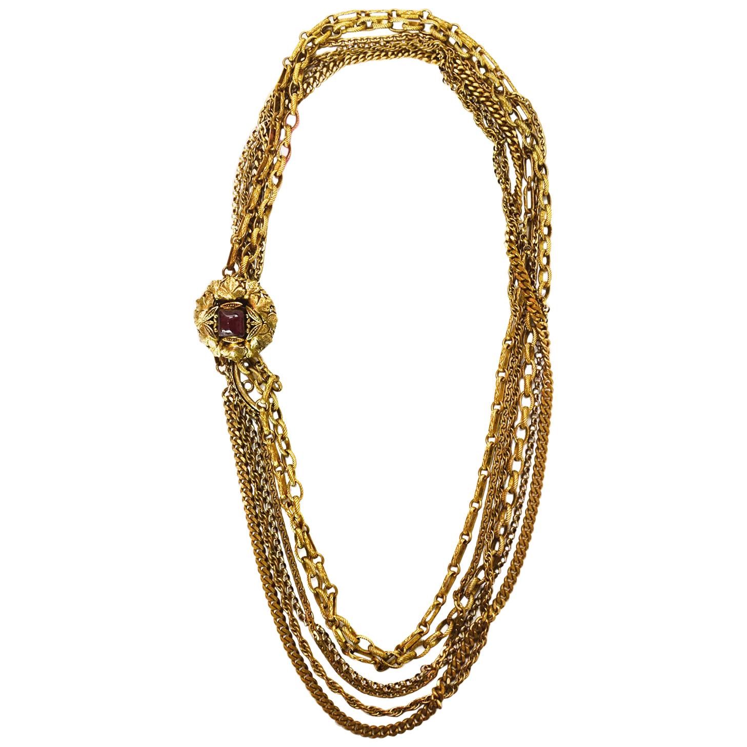 Chanel Vintage 1984 6 Strand Goldtone Chain-link Gripoix Necklace