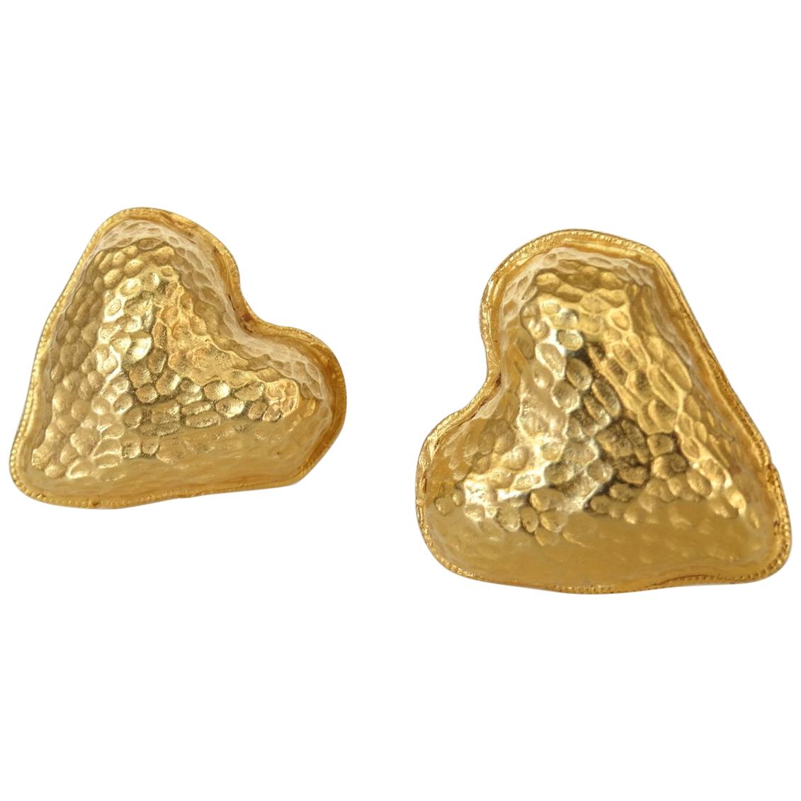 1980s Yosca Textured Gold Heart Clip On Earrings 