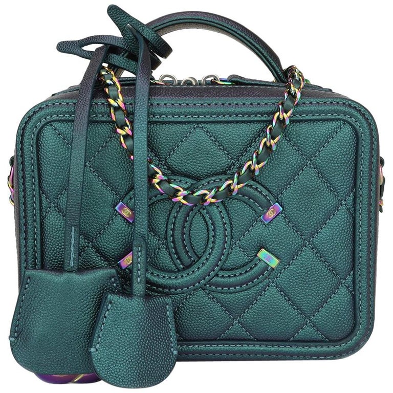 Chanel Iridescent Turquoise Filigree Vanity Case with Rainbow hardware