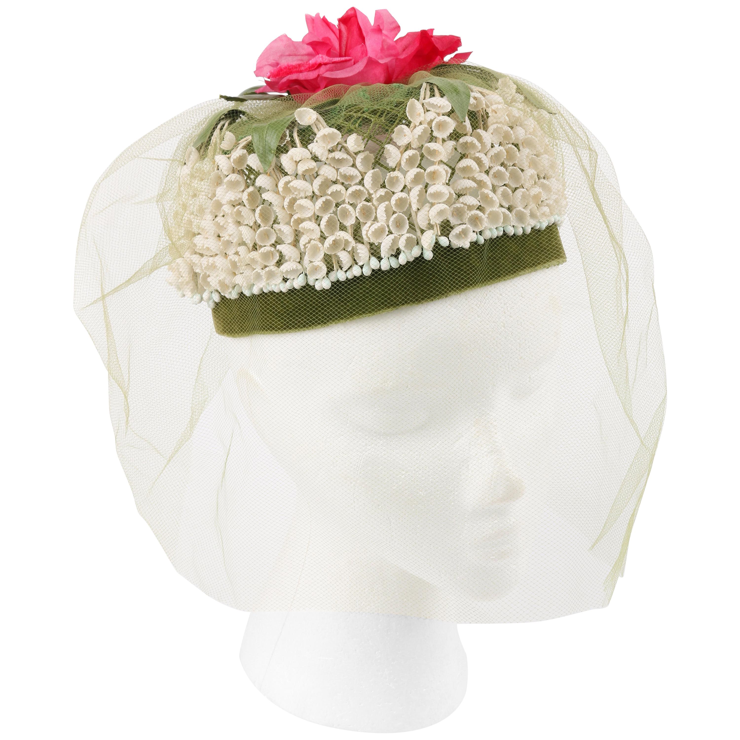 MISS FEIGE c.1960's Lily of the Valley Veiled Floral Garden Party Pillbox Hat