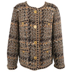 CHANEL Size 14 Taupe Tweed Collarless Gold Button Jacket