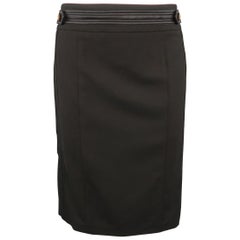 ROBERTO CAVALLI Size 6 Black Satin Trim Gold Button Tab Pencil Skirt
