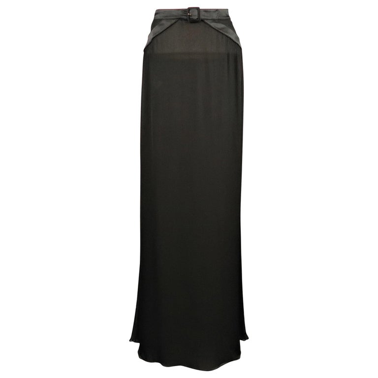 VALENTINO Size 8 Black Sheer Silk Chiffon Satin Belt Maxi Skirt For ...