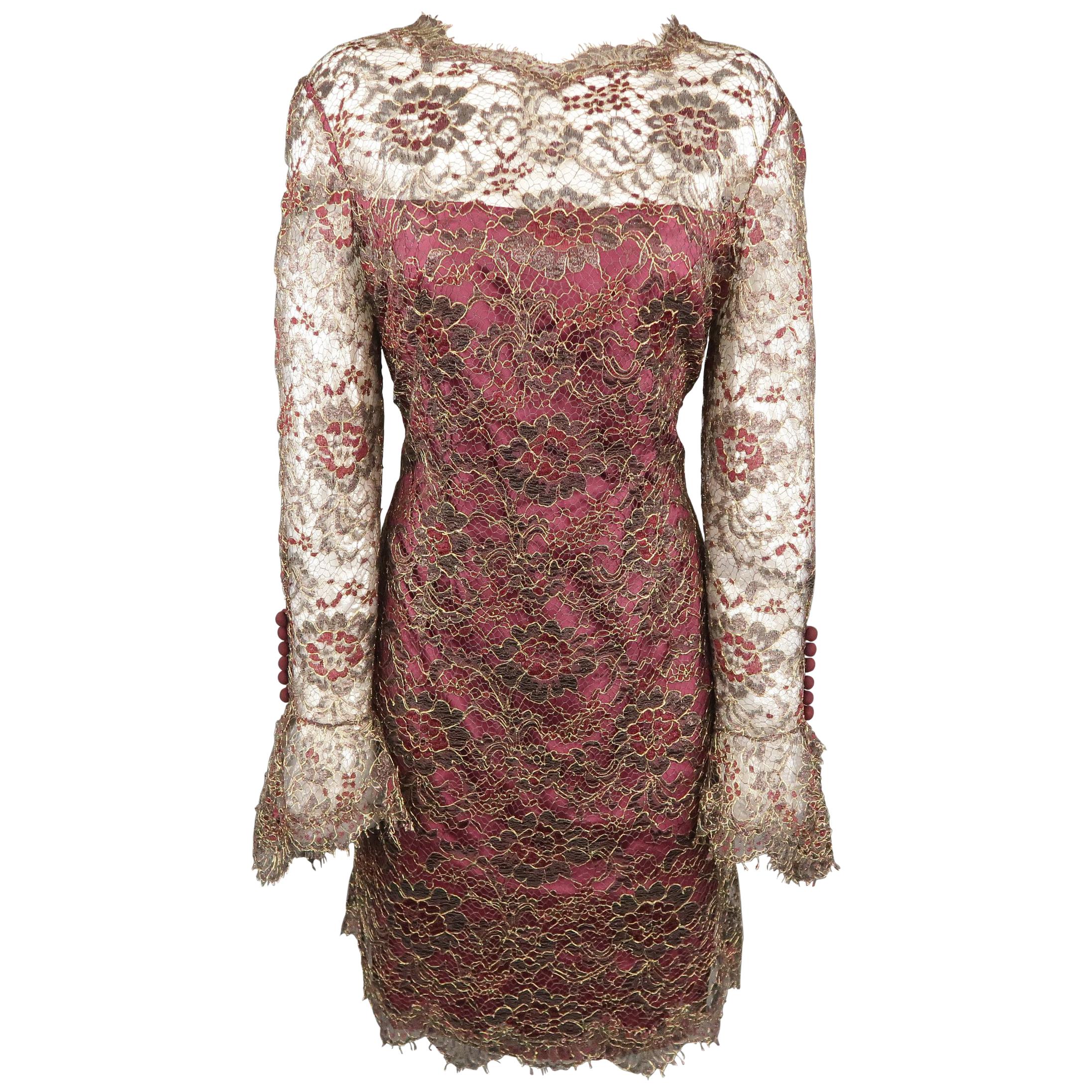 TOMASZ STARZEWSKI Size 10 Burgundy Metallic Lace Long Sleeve Cocktail Dress