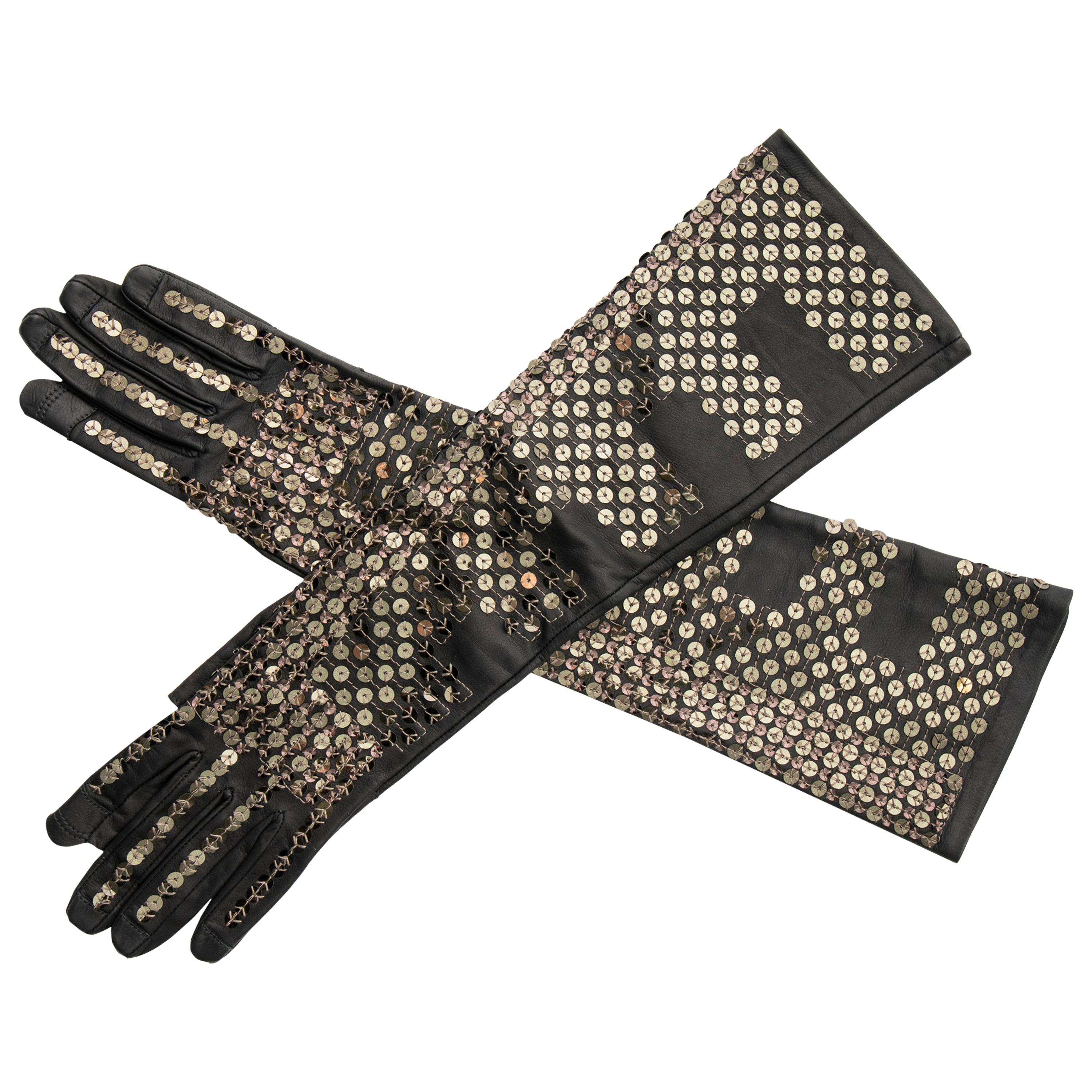 Rick Owens Black Dark Dust Sphinx Long Leather Sequins Gloves, Fall 2015 For Sale