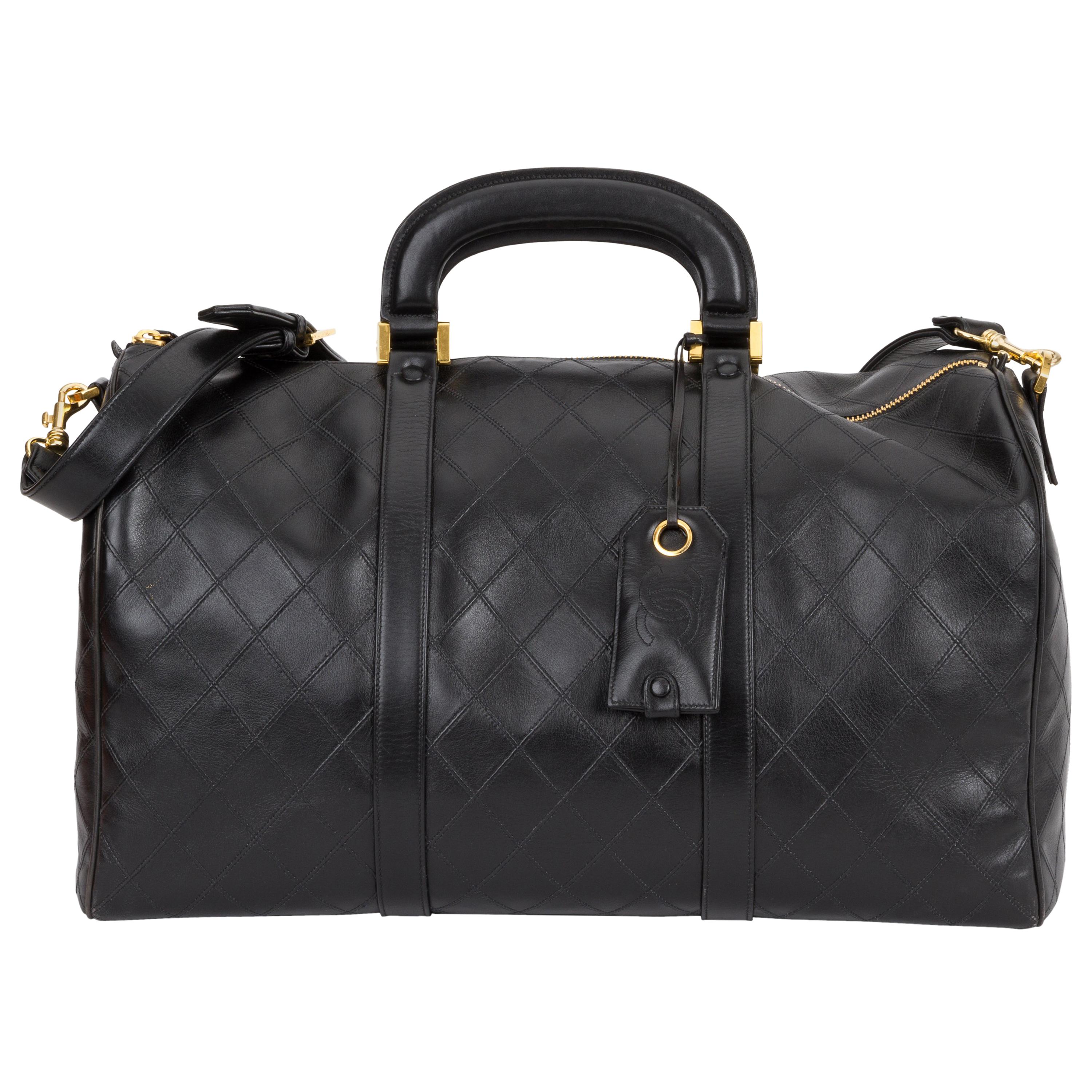 Chanel Rare Black Diamond Quilted Duffle Travel Bag