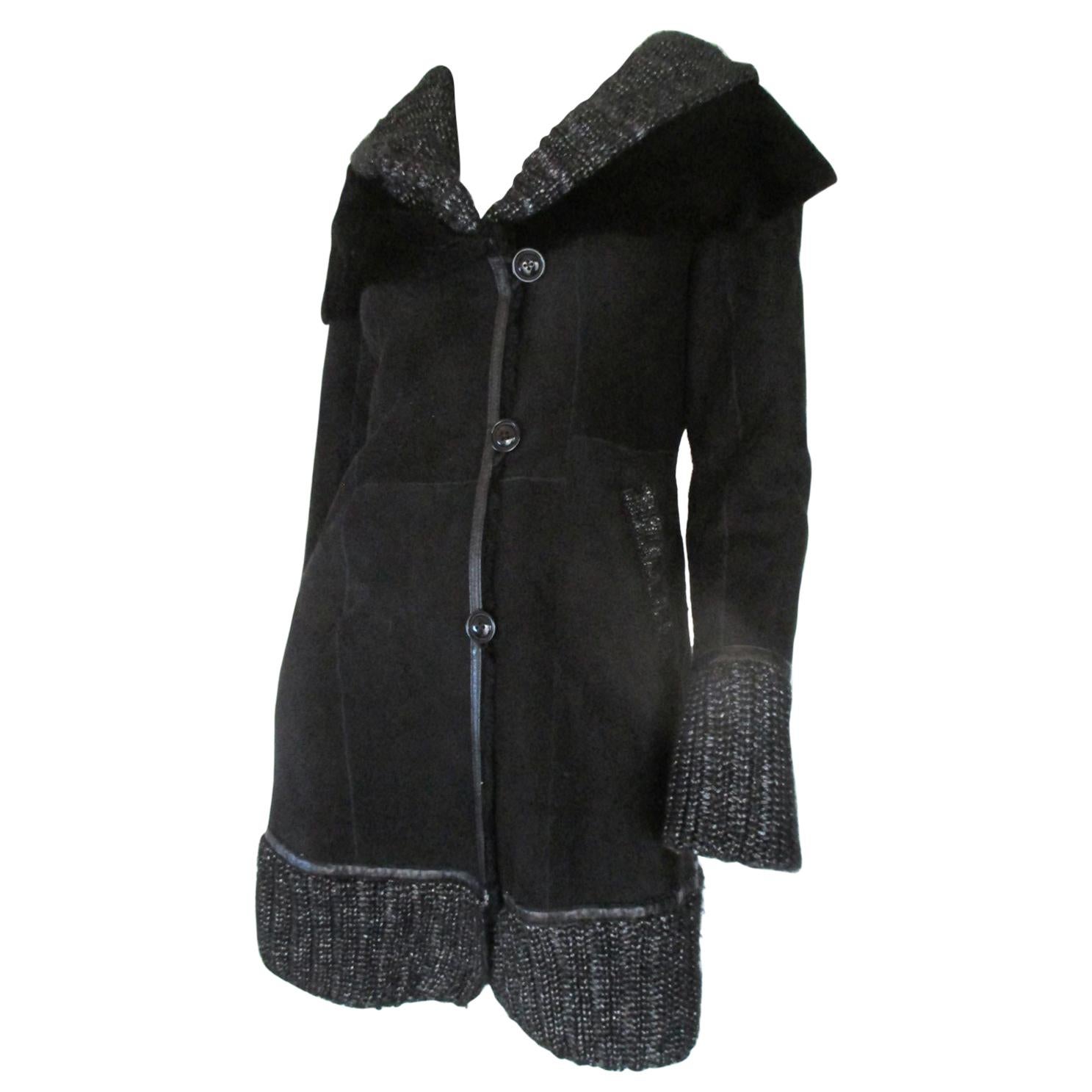 Black Shearling Fur coat with Silver Knitted details For Sale