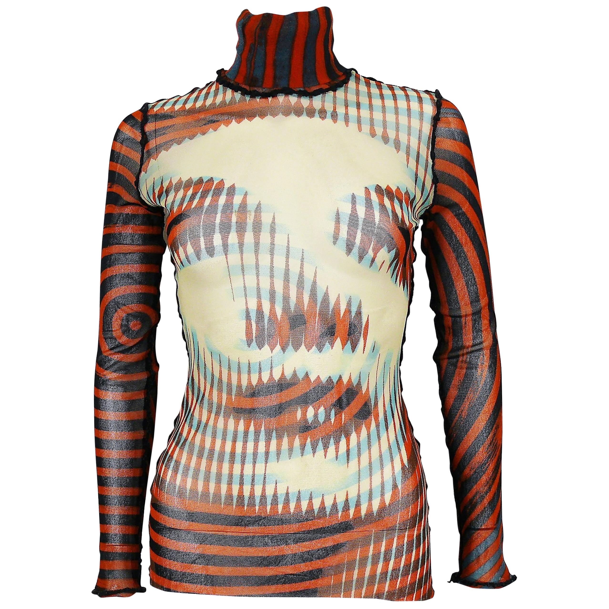 Jean Paul Gaultier Vintage Sheer Mesh Optical Illusion Face Turtle Neck Top